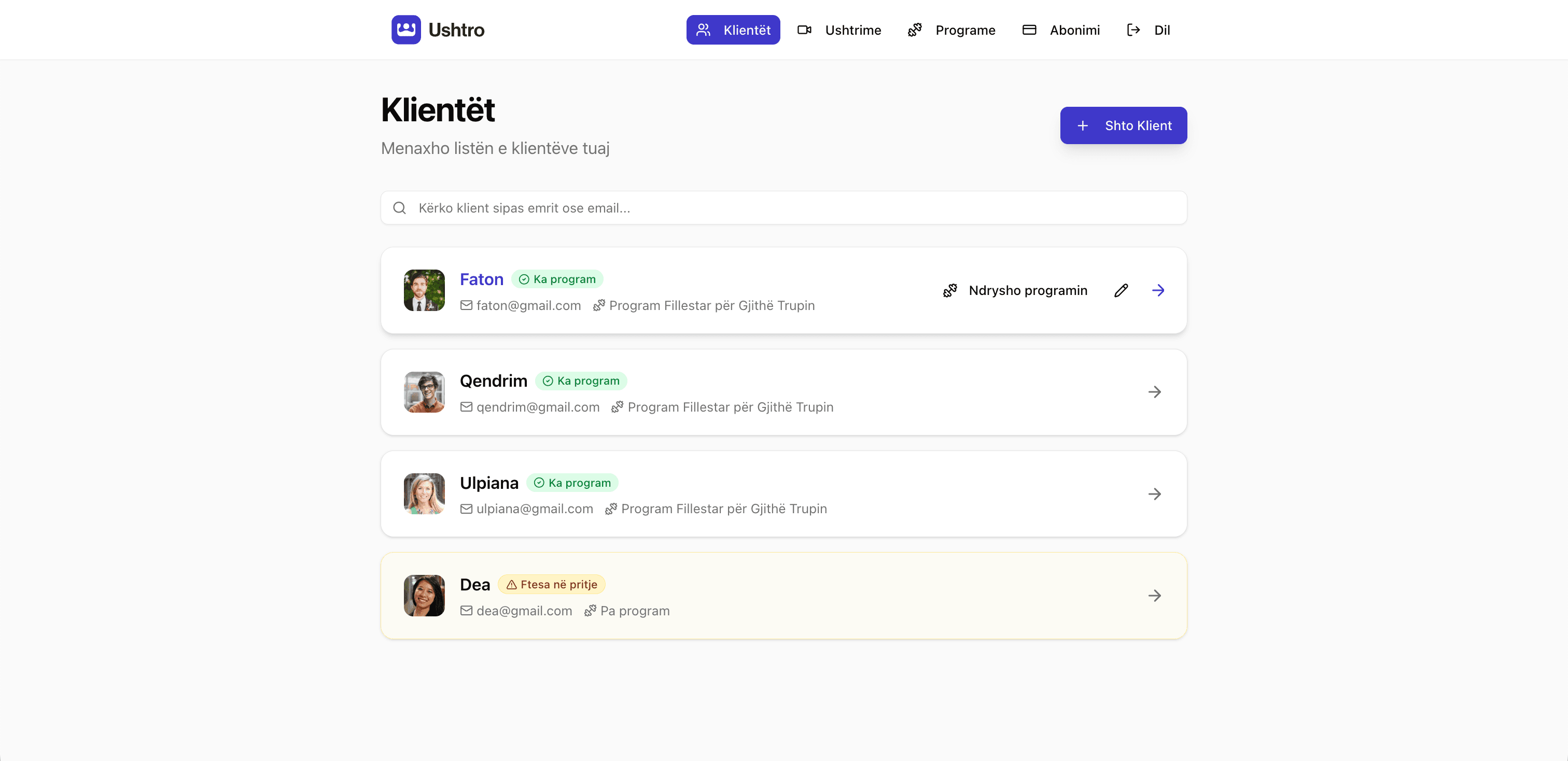 Clients screen in Ushtro
